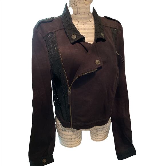 Free People Black Cotton Lace Enhanced Moto Jacket size small - Picture 1 of 12